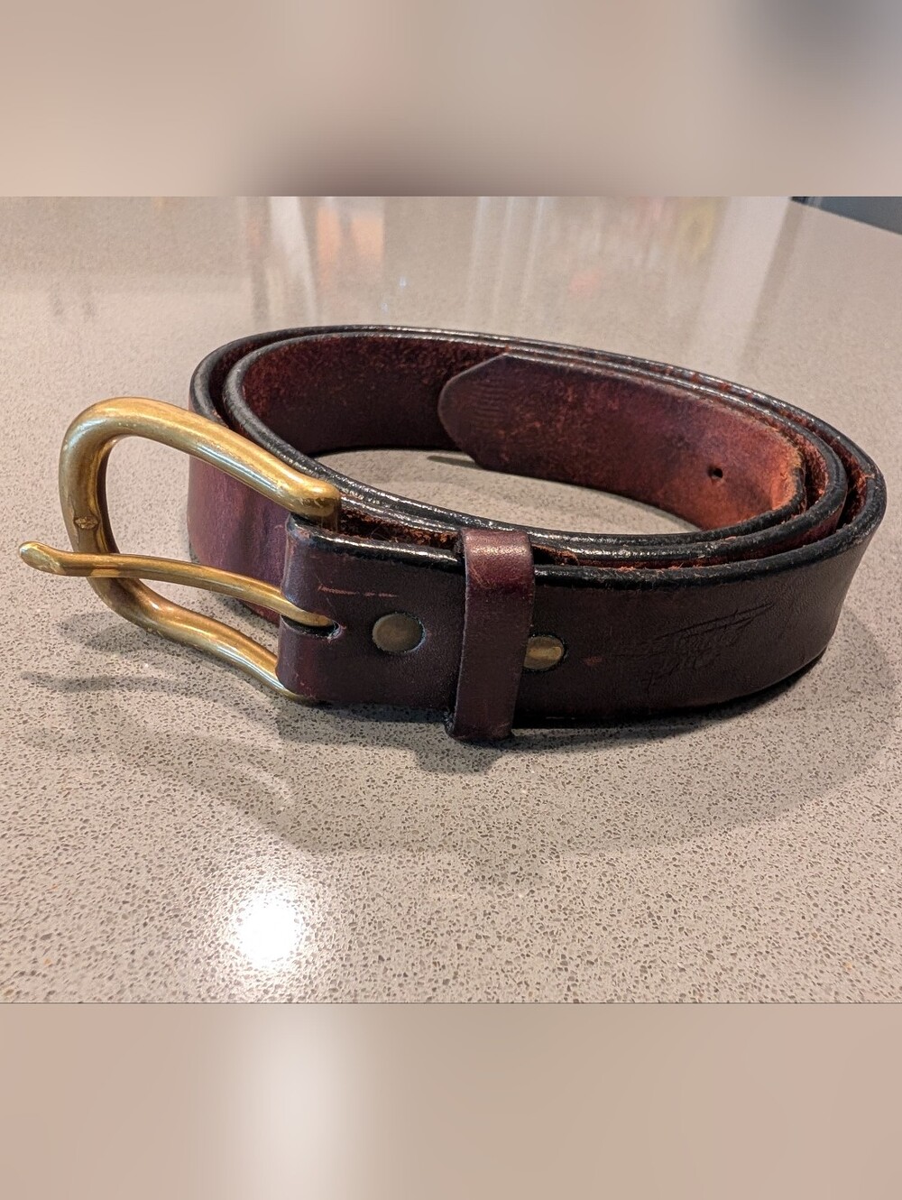 Red Wing Shoes dark brown leather belt with brass buckle